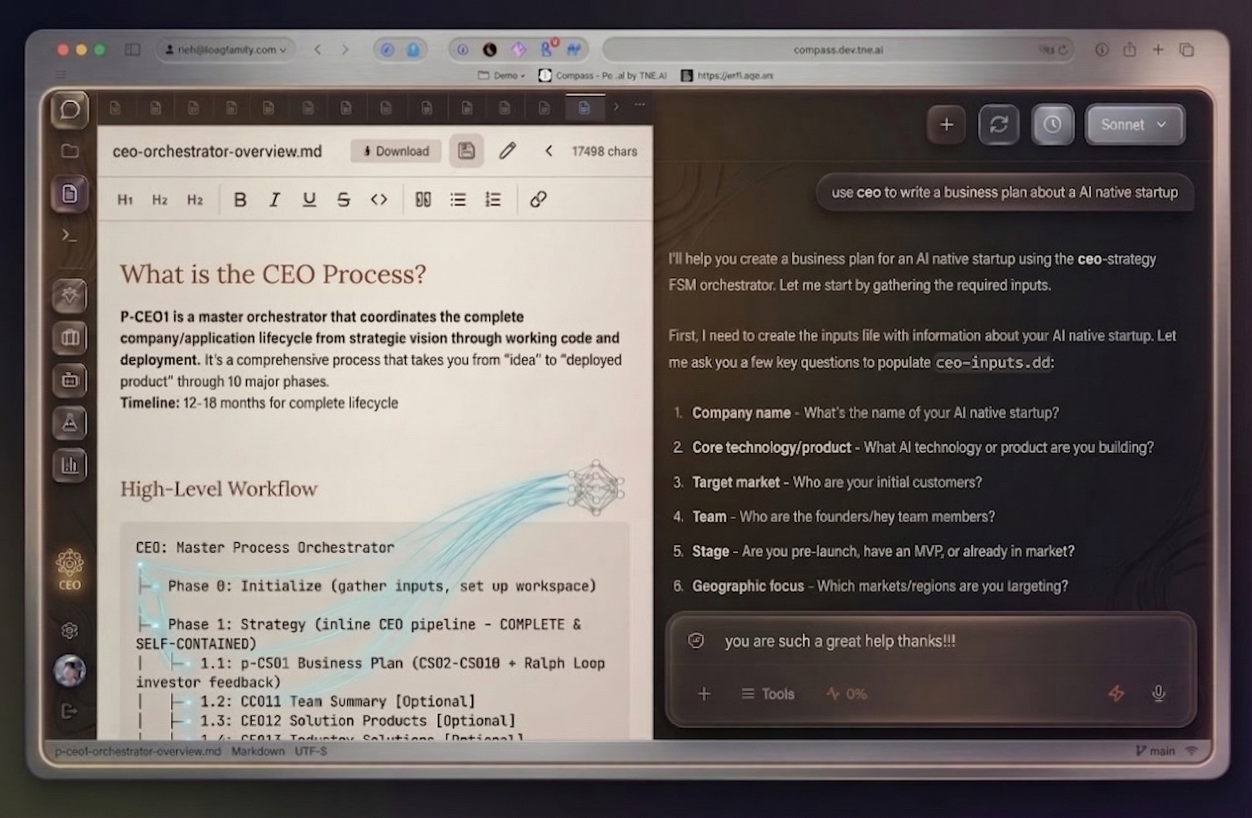 Compass enterprise AI platform — CEO orchestrator driving business planning with AI agents