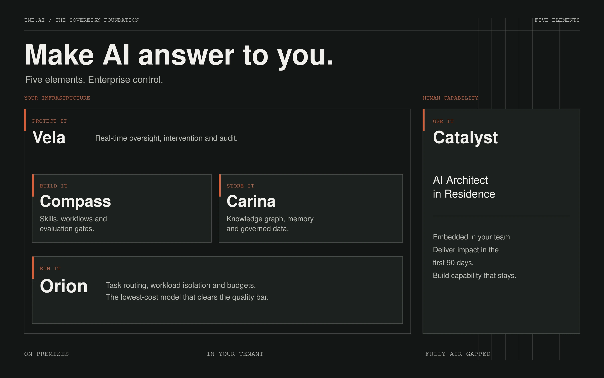 Diagram of the five foundation elements — Orion runs, Compass builds, Carina stores, Vela protects, and Catalyst provides a human AI Architect in Residence.