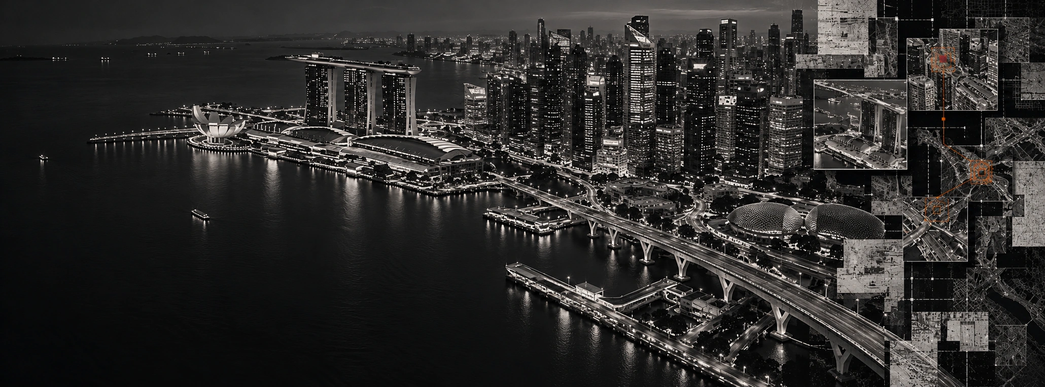 Charcoal waterfront at dusk