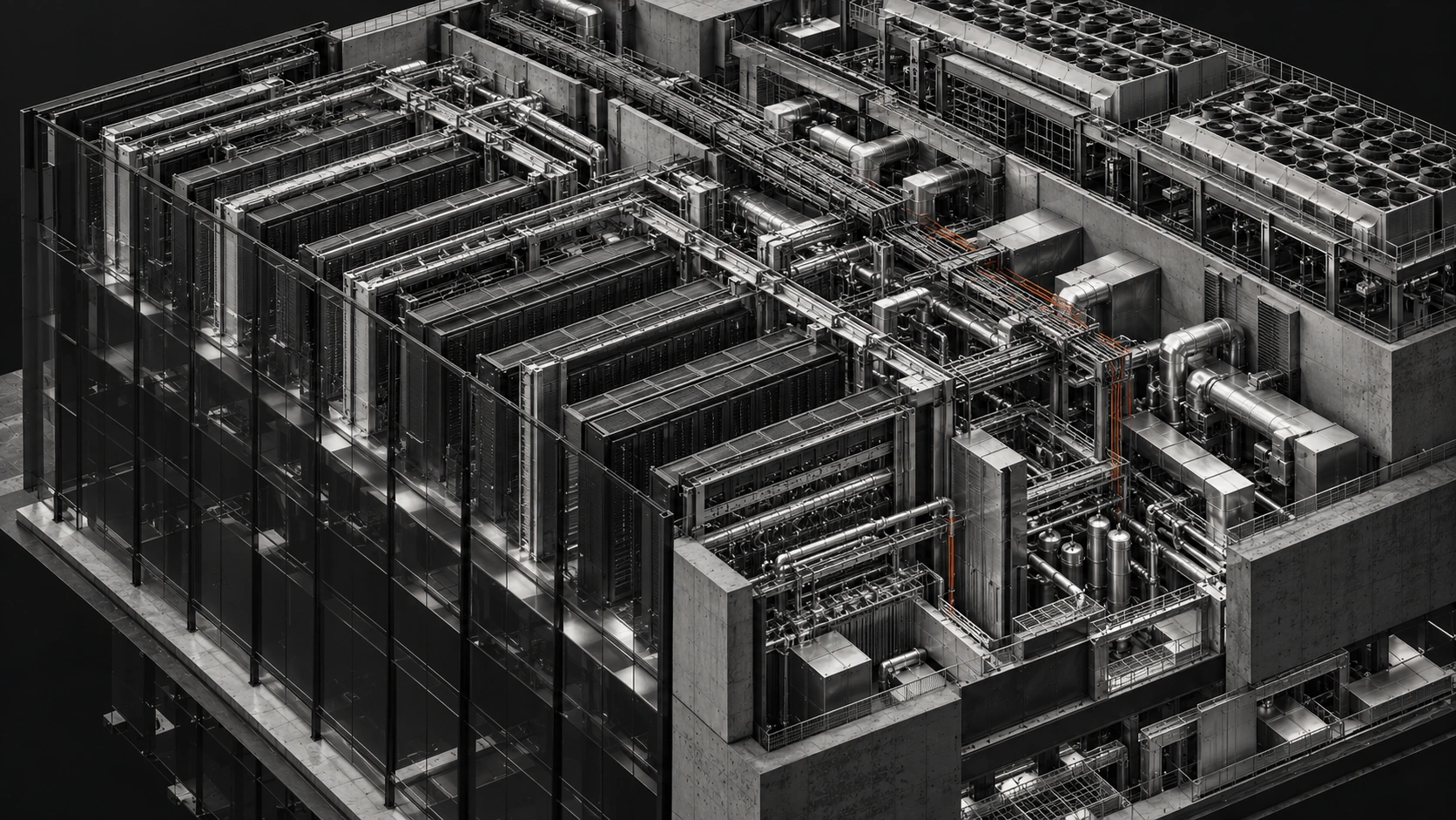 Cutaway of a data center with rows of equipment